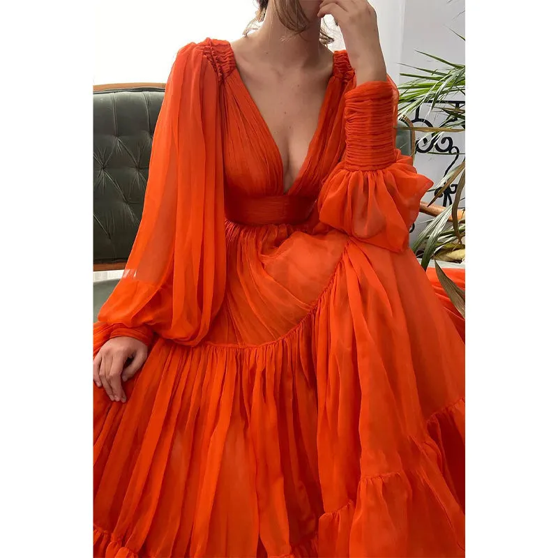 Sexy Deep V-neck Orange Tulle Long Sleeves A-line Formal Evening Dress