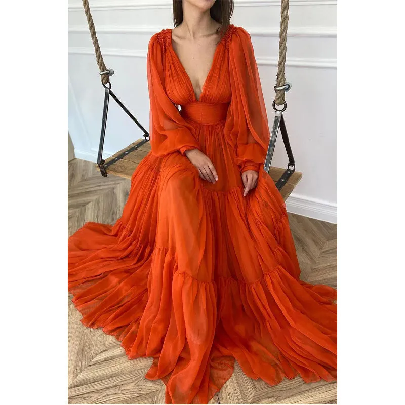 Sexy Deep V-neck Orange Tulle Long Sleeves A-line Formal Evening Dress