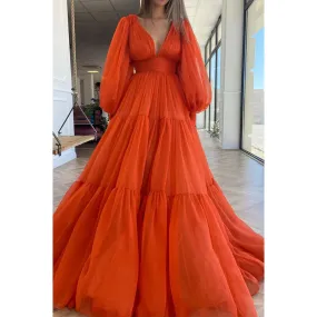 Sexy Deep V-neck Orange Tulle Long Sleeves A-line Formal Evening Dress