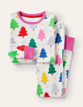 Snug Long John Pyjamas-Ivory Rainbow Christmas Trees