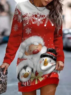 Sweatshirt dresses for women|Women's Elegant Snowman Print Sweatshirt Dress