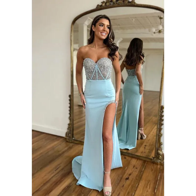 Sweetheart Strapless Beaded Satin Sheath Long Prom Evening Dress With Slit
