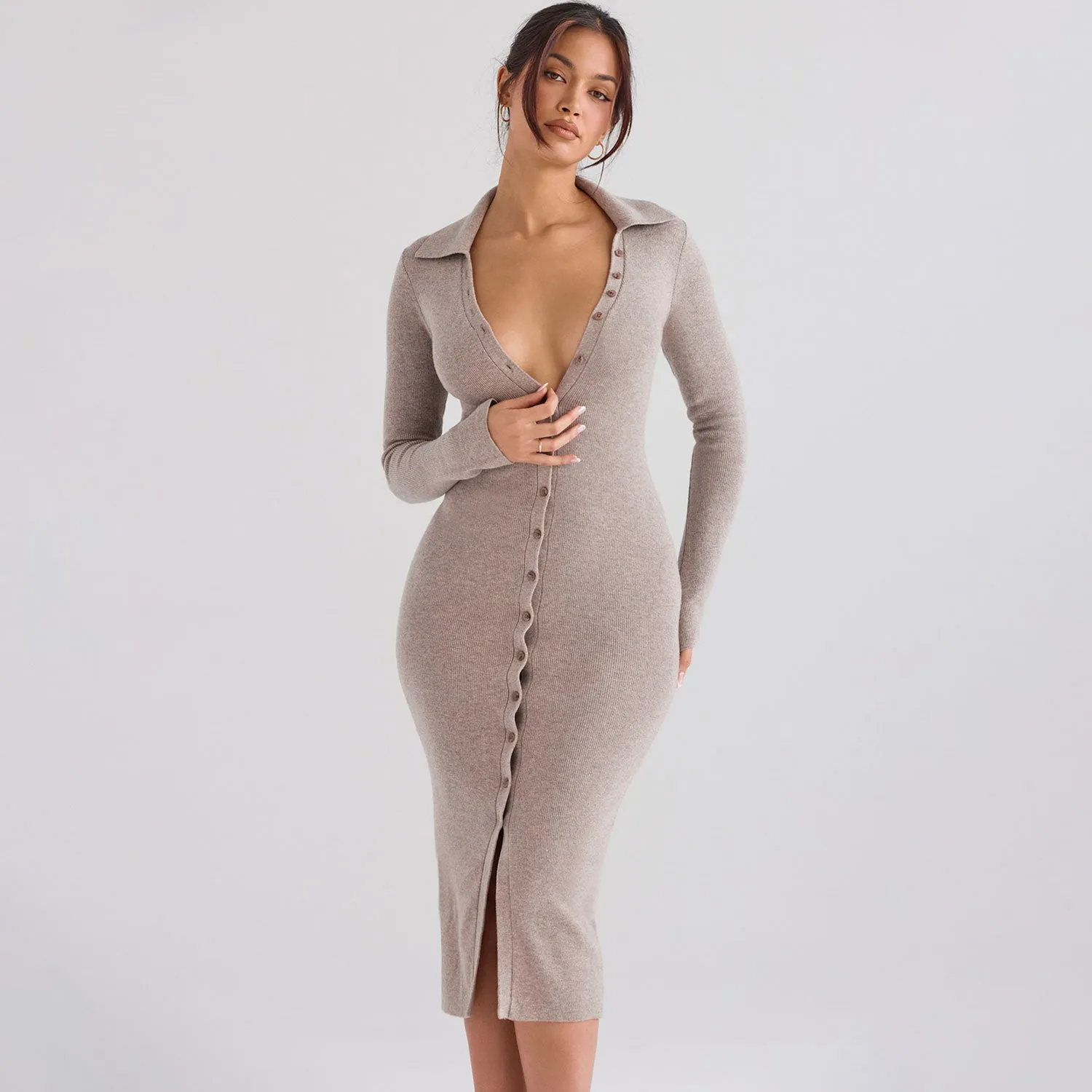 Versatile Spread Collar Button Up Sleeved Rib Knit Slim Sweater Midi Dress