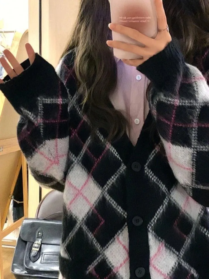 Wenkouban-Spring Casual Outfits Y2K Outfits Check Jacquard Loose Cardigan