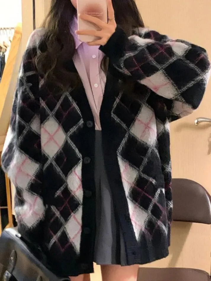 Wenkouban-Spring Casual Outfits Y2K Outfits Check Jacquard Loose Cardigan
