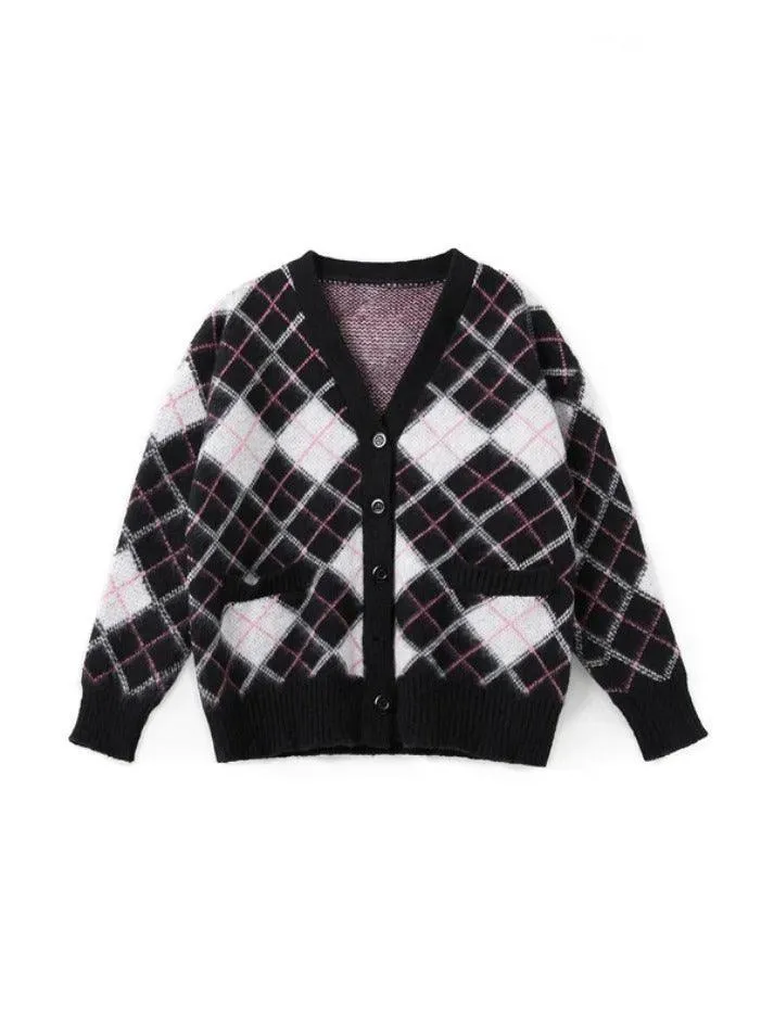 Wenkouban-Spring Casual Outfits Y2K Outfits Check Jacquard Loose Cardigan