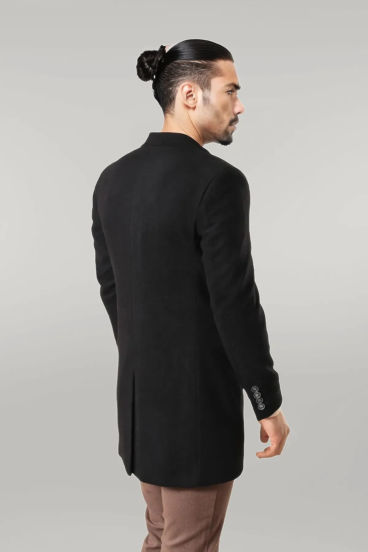 Wide Pointed Collar Over Knee Black Men Coat - Wessi